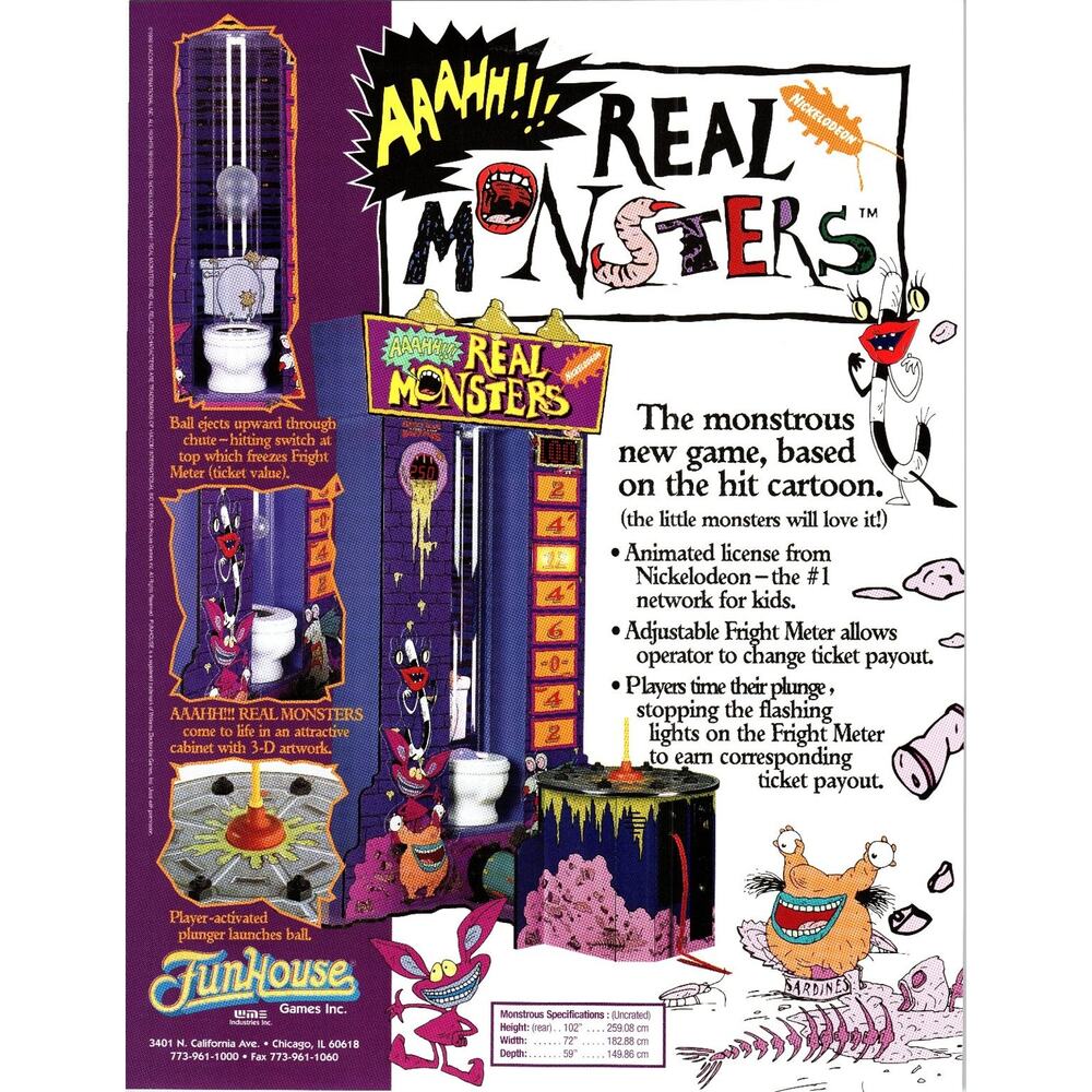 1990s AAAHH!!! Real Monsters Arcade Game Flyer Nickelodeon FunHouse
